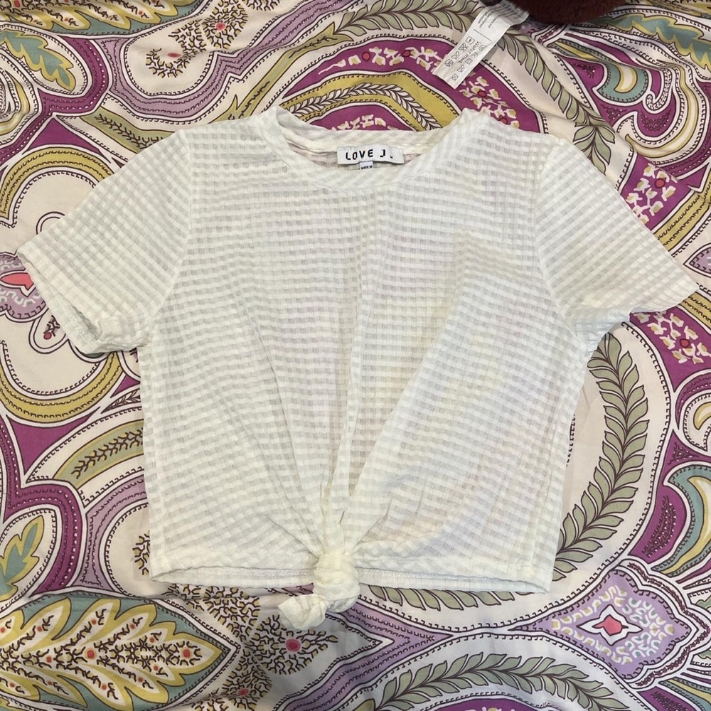 love j mesh white shirt with adjustable knot